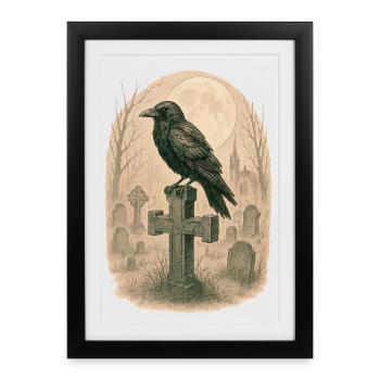 Moonlit Graveyard Raven Illustration - Framed poster (27 × 37 cm) - black - Front