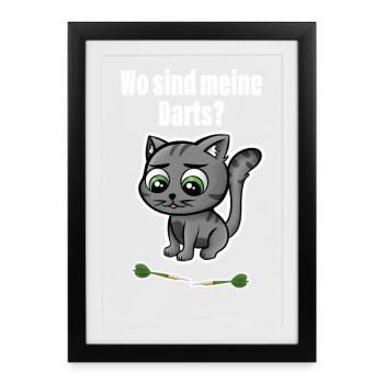 Süße Katze sucht ihre Darts! Perfekt für Dart-Fan - Gerahmtes Poster (27 × 37 cm) - Schwarz - Vorne