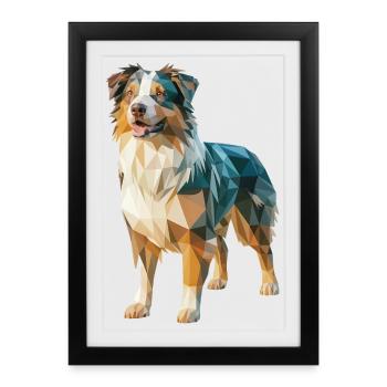 Australian Shepherd - Cooles Low Poly Logo - Gerahmtes Poster (27 × 37 cm) - Schwarz - Vorne