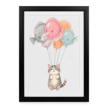 Chat mignon avec des ballons de poisson – Design de dessin animé - Affiche encadrée (27 × 37 cm) - noir - Devant