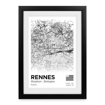 Map of Rennes Centre Black and White - Framed poster (27 × 37 cm) - black - Front