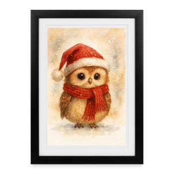 Winter owl with scarf and hat - Framed poster (27 × 37 cm) - black - Front