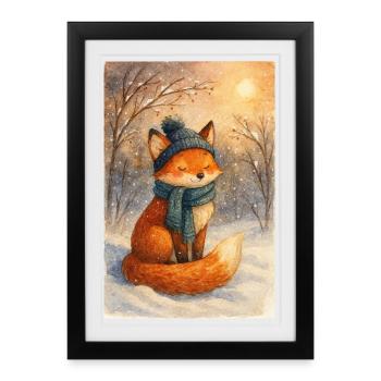 Renard d’hiver avec écharpe et chapeau - Affiche encadrée (27 × 37 cm) - noir - Devant