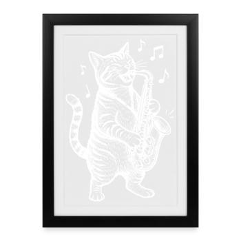 Chat Saxophone Animal Dessin animé - Affiche encadrée (27 × 37 cm) - noir - Devant