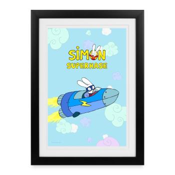 Simon Superhase Mit Raumschiff Und Schriftzug - Gerahmtes Poster (27 × 37 cm) - Schwarz - Vorne
