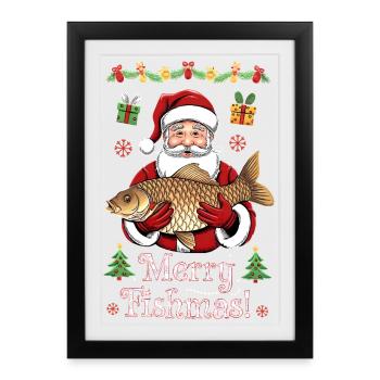 Merry Fishmas Pêcheur Carpe de Noël - Affiche encadrée (27 × 37 cm) - noir - Devant