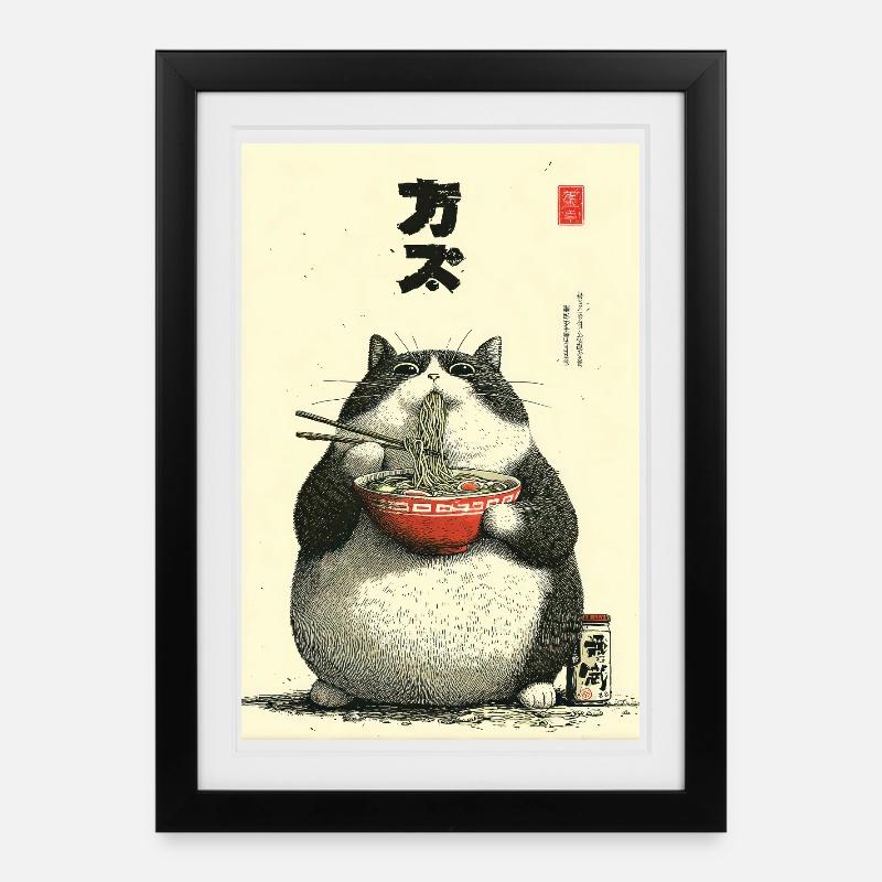 Chonky Cat Ramen Ukiyo-e - Framed poster (27 × 37 cm) - black
