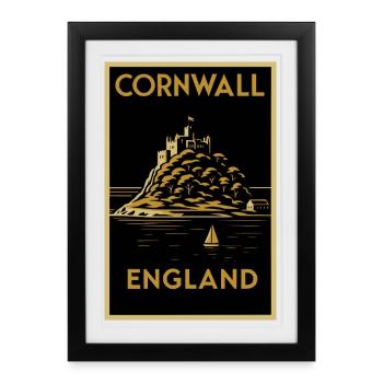 Cornwall England – Art Deco Travel Poster - Framed poster (27 × 37 cm) - black - Front