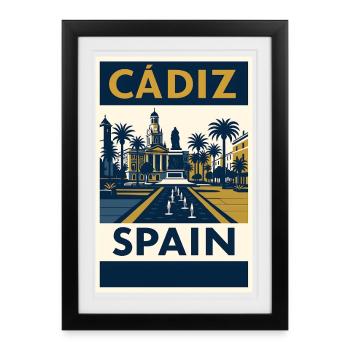 Cadix, Espagne – Poster de voyage rétro bleu marine/or - Affiche encadrée (27 × 37 cm) - noir - Devant
