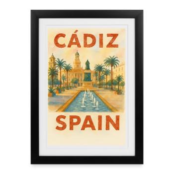 Cadix, Espagne – Plaza des affiches de voyage aquarelle - Affiche encadrée (27 × 37 cm) - noir - Devant