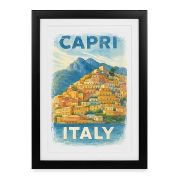 Capri Italie – Aquarelle Avis de voyage Méditerranée - Affiche encadrée (27 × 37 cm) - noir - Devant