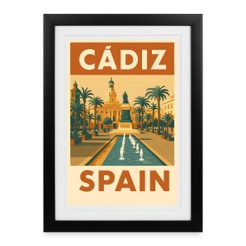 Cadix, Espagne – Plaza d’affiches de voyage vintage - Affiche encadrée (27 × 37 cm) - noir - Devant