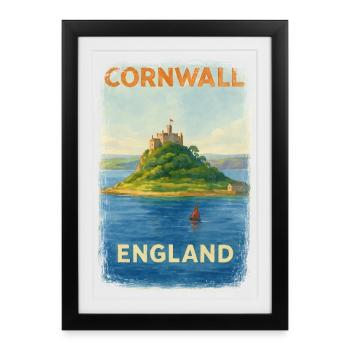 Cornwall England – Watercolor Travel Poster - Framed poster (27 × 37 cm) - black - Front