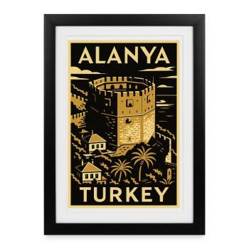 Alanya Turkey – Affiche de voyage en linogravure dorée/noire - Affiche encadrée (27 × 37 cm) - noir - Devant