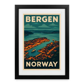 Bergen Norway – Retro Travel Poster Harbour View - Framed poster (27 × 37 cm) - black - Front