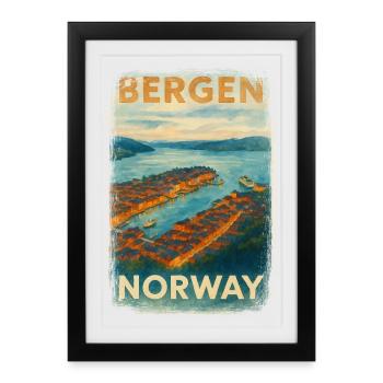 Bergen Norvège – Affiche de voyage vintage aquarelle - Affiche encadrée (27 × 37 cm) - noir - Devant