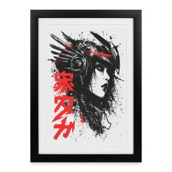 Futuristic Ink Portrait with Red Kanji - Framed poster (27 × 37 cm) - black - Front