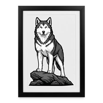 Chien Husky Sibérien sur Rocher Portrait Nordique - Affiche encadrée (27 × 37 cm) - noir - Devant
