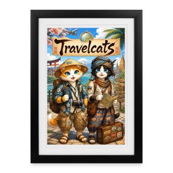 TravelCats : Des chats en voyage de découverte - Affiche encadrée (27 × 37 cm) - noir - Devant