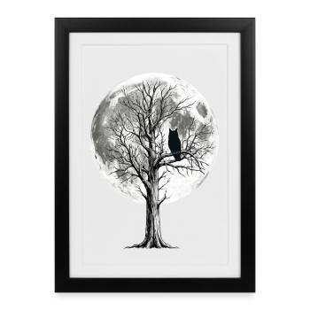 Oiseau de nuit lunaire sur la cime nue des arbres - Affiche encadrée (27 × 37 cm) - noir - Devant