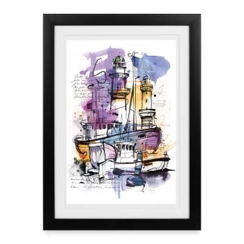 Aquarelle de port - Affiche encadrée (27 × 37 cm) - noir - Devant