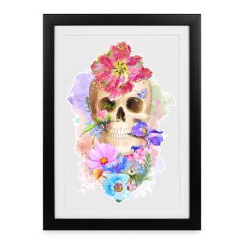 Colorful skull with flowers poppy tulip iris - Framed poster (27 × 37 cm) - black - Front