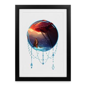 Awesome jellyfish with little mermaid - Framed poster (27 × 37 cm) - black - Front