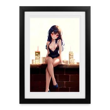 City Night Girl – Anime style with a rooftop feeling - Framed poster (27 × 37 cm) - black - Front