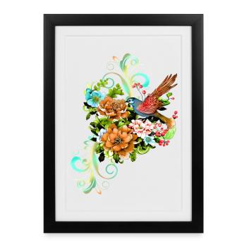 Wonderful elegant flowers with bird. - Framed poster (27 × 37 cm) - black - Front