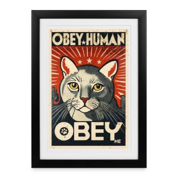 Obey Human affiche de propagande chat autoritaire - Affiche encadrée (27 × 37 cm) - noir - Devant