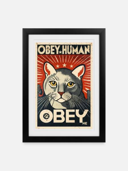 Obey Human affiche de propagande chat autoritaire - Affiche encadrée (27 × 37 cm) - noir