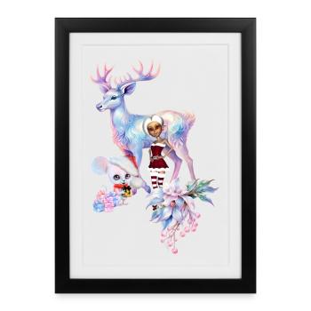 Merveilleux renne fantastique avec un elfe mignon - Affiche encadrée (27 × 37 cm) - noir - Devant