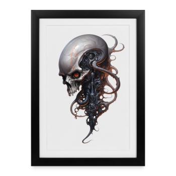 T-shirt fantastique avec une colonne vertébrale de crâne extraterrestre Steampunk - Affiche encadrée (27 × 37 cm) - noir - Devant