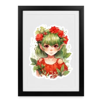 Petite Elfe Cheveux Verts Chemise Fleurie Fantastique - Affiche encadrée (27 × 37 cm) - noir - Devant