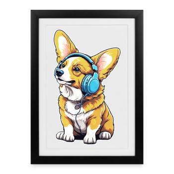 Corgi with headphones - Framed poster (27 × 37 cm) - black - Front