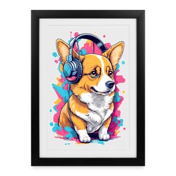 Corgi écoute de la musique - Affiche encadrée (27 × 37 cm) - noir - Devant