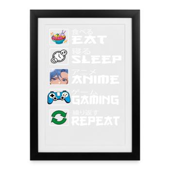 Manger Dormir Anime Gaming Répéter Kawaii Otaku Anime - Affiche encadrée (27 × 37 cm) - noir - Devant