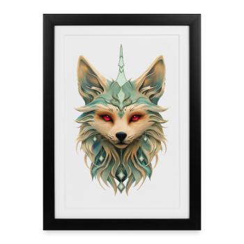 Mystical fox with piercing red eyes. - Framed poster (27 × 37 cm) - black - Front