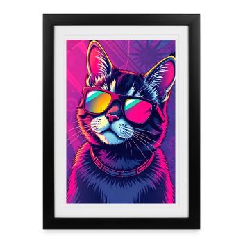 Vaporwave Cat Rose Bleu Synthwave Futuriste - Affiche encadrée (27 × 37 cm) - noir - Devant