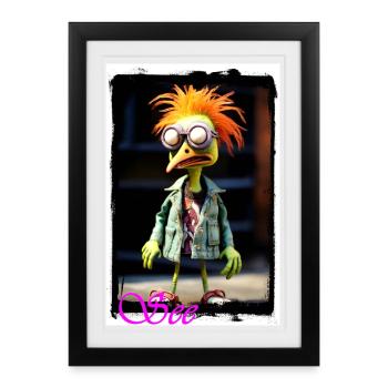 Colorful bird doll with glass eyes denim jacket orange - Framed poster (27 × 37 cm) - black - Front