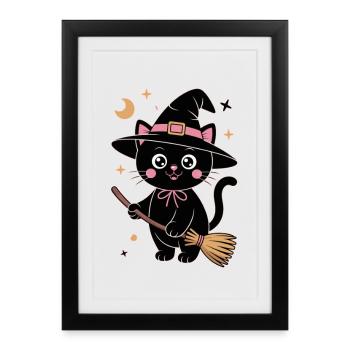 Cute cat witch print with magic wand - Framed poster (27 × 37 cm) - black - Front