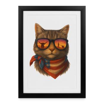 Lustige Cowboy Katze mit Sonnenbrille - Gerahmtes Poster (27 × 37 cm) - Schwarz - Vorne