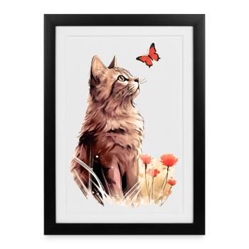 Cat and butterfly - Framed poster (27 × 37 cm) - black - Front