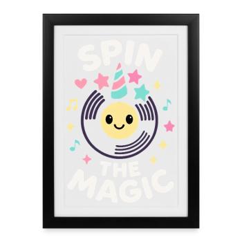 Spin the Magic – Vinyle kawaii magique - Affiche encadrée (27 × 37 cm) - noir - Devant