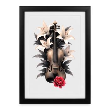 Weiße geblümte Geige mit Rose - Gerahmtes Poster (27 × 37 cm) - Schwarz - Vorne