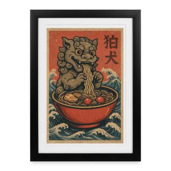 Vague de nouilles Ukiyoe FuDog - Affiche encadrée (27 × 37 cm) - noir - Devant