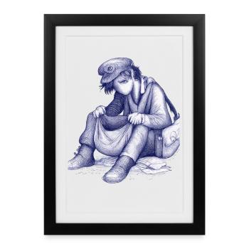 Rêveuse triste avec un chapeau d’oiseau - Affiche encadrée (27 × 37 cm) - noir - Devant
