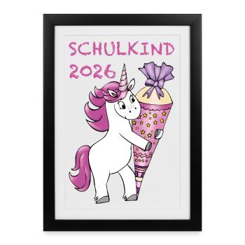 Enfant scolaire de licorne avec pomme de sucre en 2026 - Affiche encadrée (27 × 37 cm) - noir - Devant