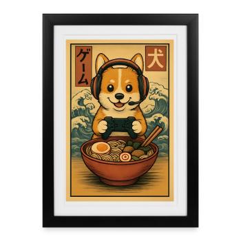 Ramen Corgi Gaming Anime Japanese Noodle Bowl - Framed poster (27 × 37 cm) - black - Front