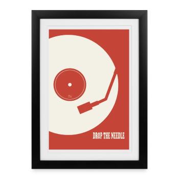 Drop The Needle Vinyl DJ Design de musique rétro - Affiche encadrée (27 × 37 cm) - noir - Devant